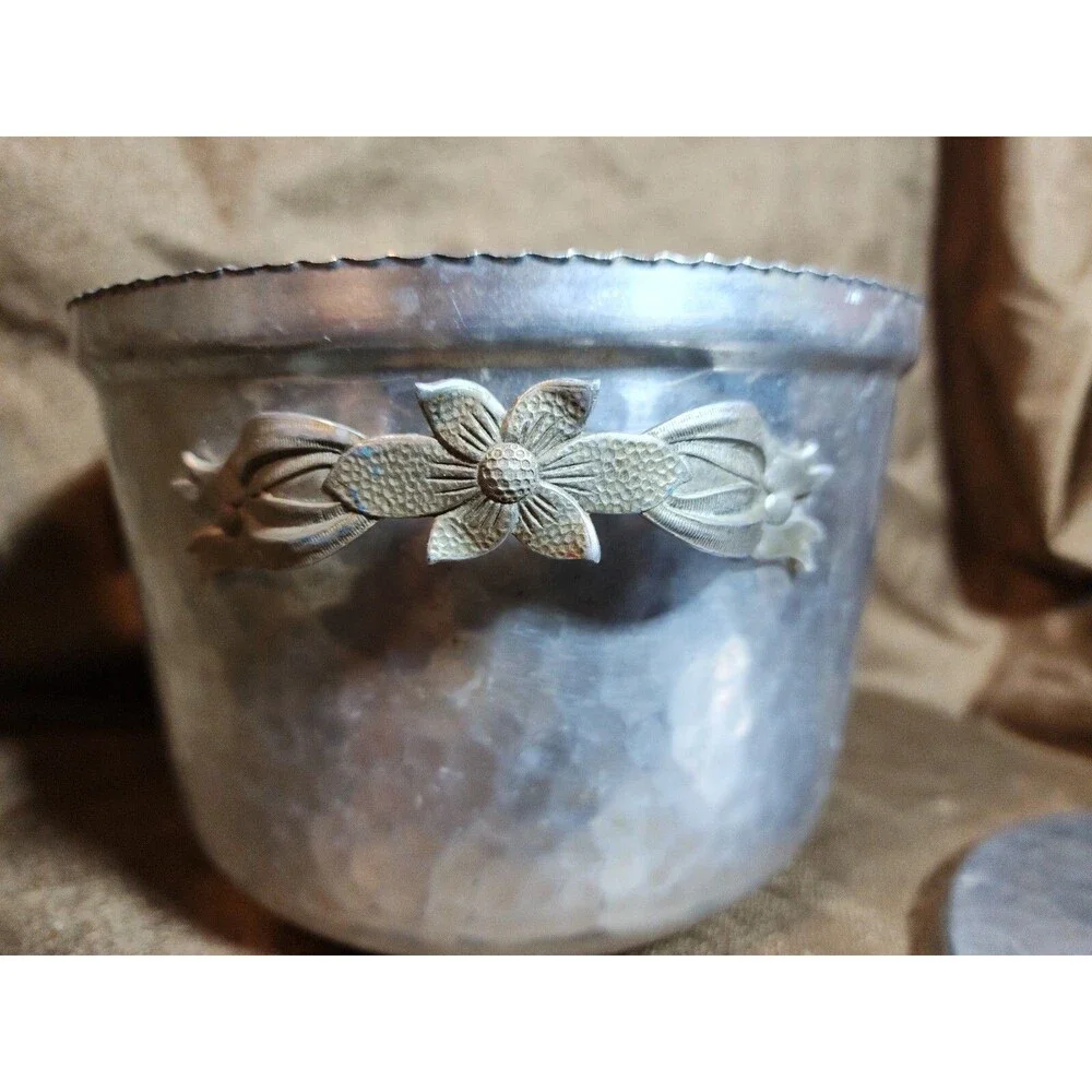 Hammered Aluminum Ice Bucket Mid Century Madmen Style Rose Bud Top Vintage